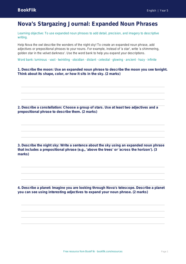 Free Expanded Noun Phrases Template | Grade 4 | ELA | BookFlik worksheet preview — English Expanded Noun Phrases