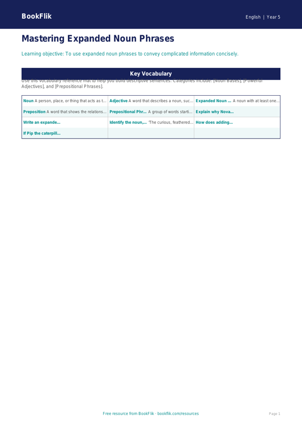 Free Expanded Noun Phrases Word Mat | Grade 4 | ELA | BookFlik worksheet preview — English Expanded Noun Phrases