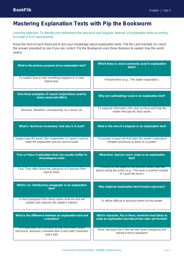 Free Explanation Texts Flashcards | Grade 4 | ELA | BookFlik worksheet preview — English Explanation Texts