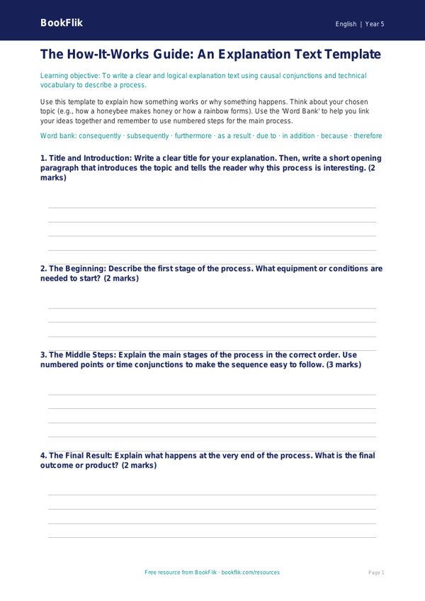 Free Explanation Texts Template | Grade 4 | ELA | BookFlik worksheet preview — English Explanation Texts