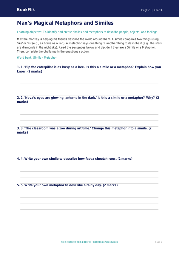 Free Figurative Language Activity Sheet | Grade 2 | ELA | BookFlik worksheet preview — English Figurative Language