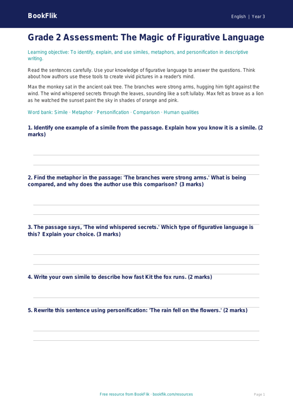Free Figurative Language Assessment | Grade 2 | ELA | BookFlik worksheet preview — English Figurative Language