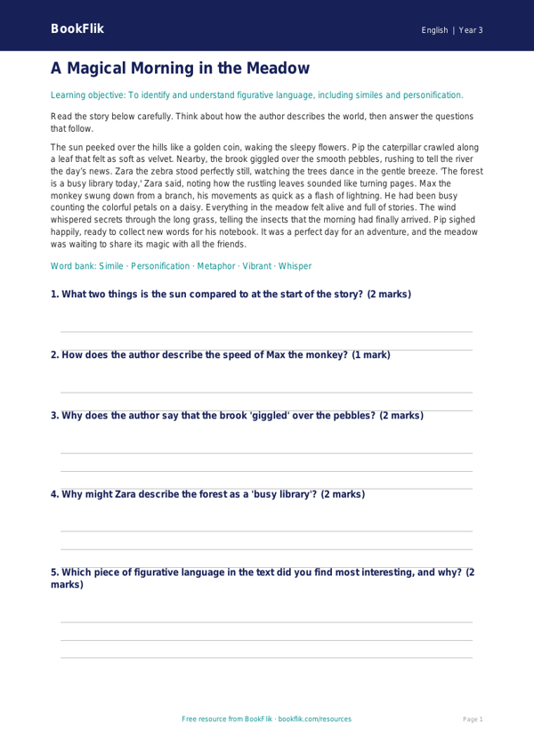 Free Figurative Language Comprehension | Grade 2 | ELA | BookFlik worksheet preview — English Figurative Language