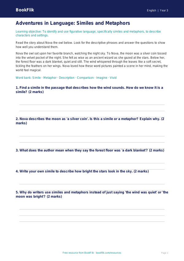 Free Figurative Language Track Sheet | Grade 2 | ELA | BookFlik worksheet preview — English Figurative Language