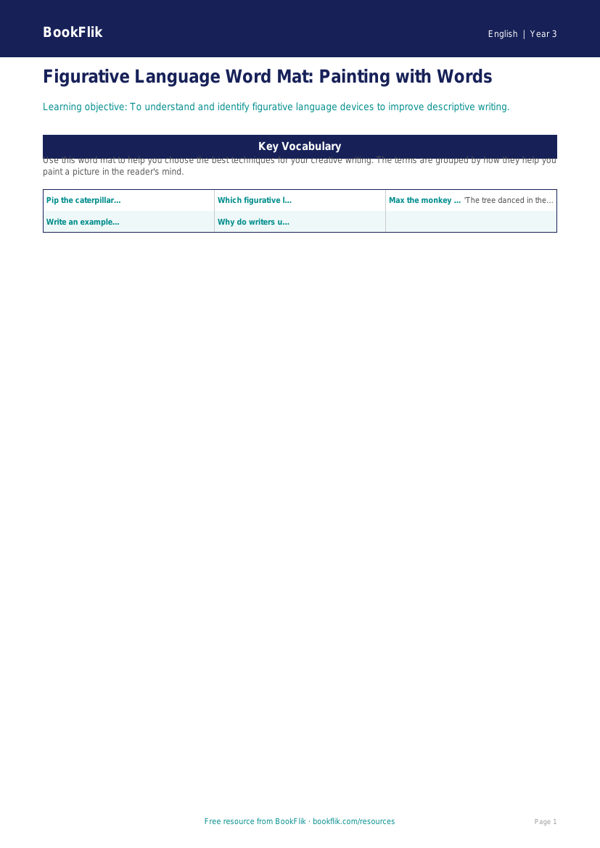 Free Figurative Language Word Mat | Grade 2 | ELA | BookFlik worksheet preview — English Figurative Language