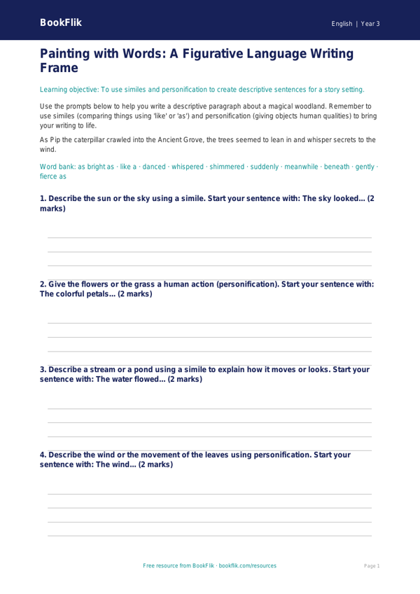 Free Figurative Language Writing Frame | Grade 2 | ELA | BookFlik worksheet preview — English Figurative Language