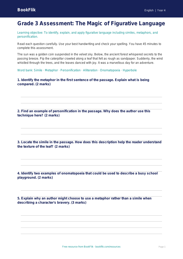 Free Figurative Language Assessment | Grade 3 | ELA | BookFlik worksheet preview — English Figurative Language