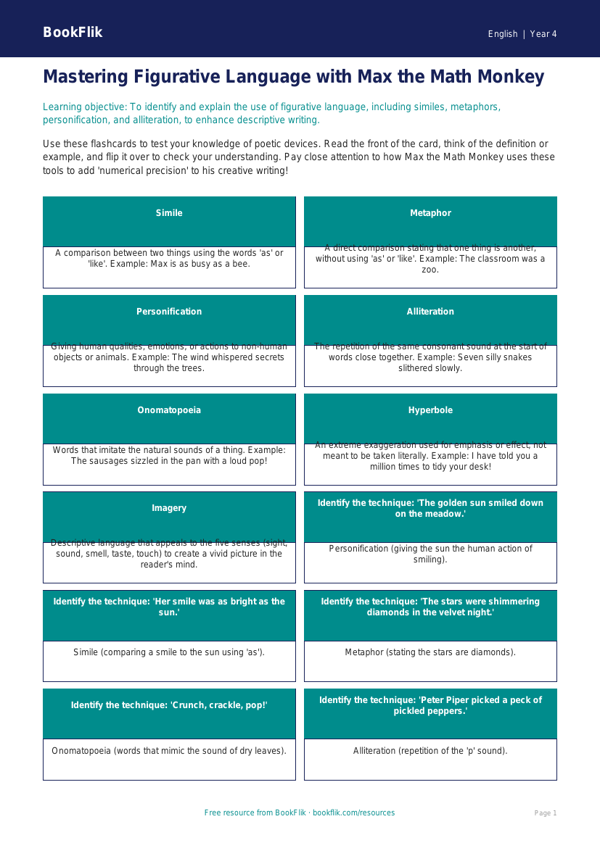 Free Figurative Language Flashcards | Grade 3 | ELA | BookFlik worksheet preview — English Figurative Language