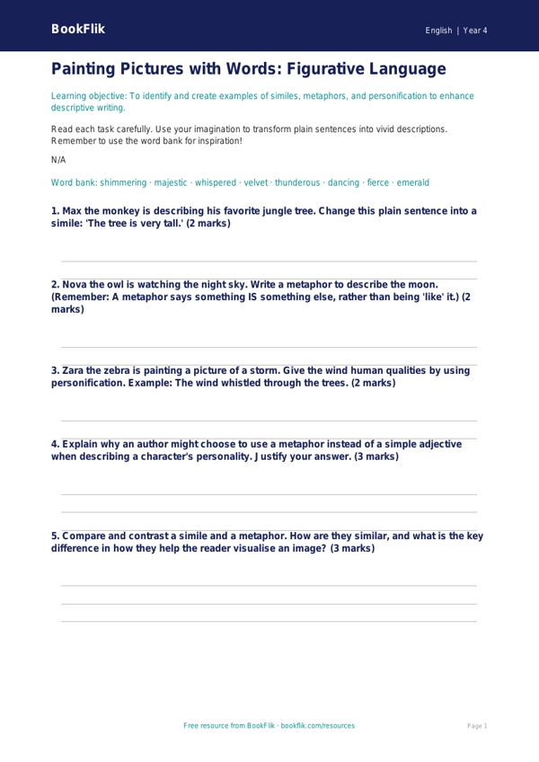 Free Figurative Language Worksheet | Grade 3 | ELA | BookFlik worksheet preview — English Figurative Language