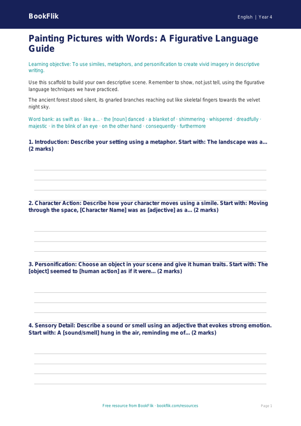 Free Figurative Language Writing Frame | Grade 3 | ELA | BookFlik worksheet preview — English Figurative Language
