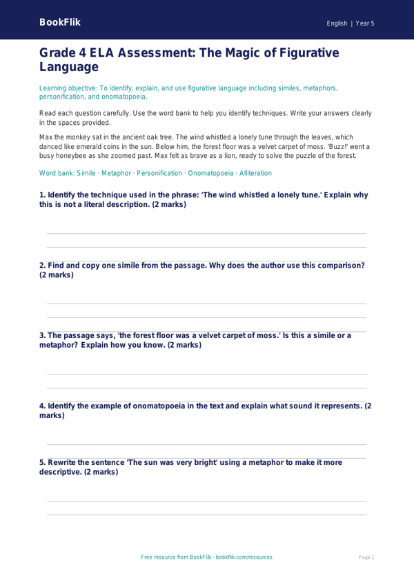Free Figurative Language Assessment | Grade 4 | ELA | BookFlik worksheet preview — English Figurative Language