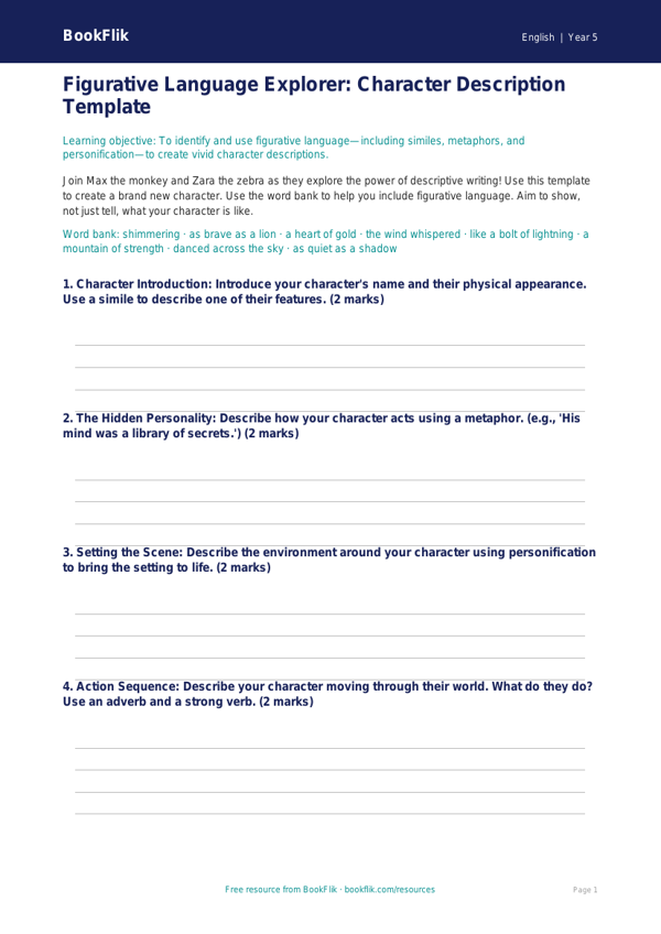 Free Figurative Language Template | Grade 4 | ELA | BookFlik worksheet preview — English Figurative Language