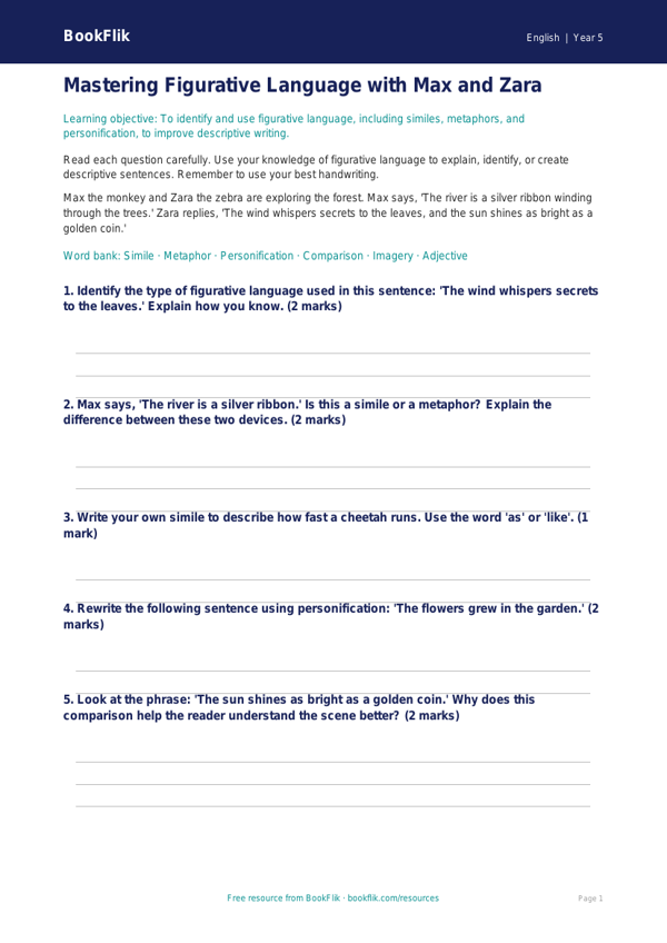 Free Figurative Language Worksheet | Grade 4 | ELA | BookFlik worksheet preview — English Figurative Language