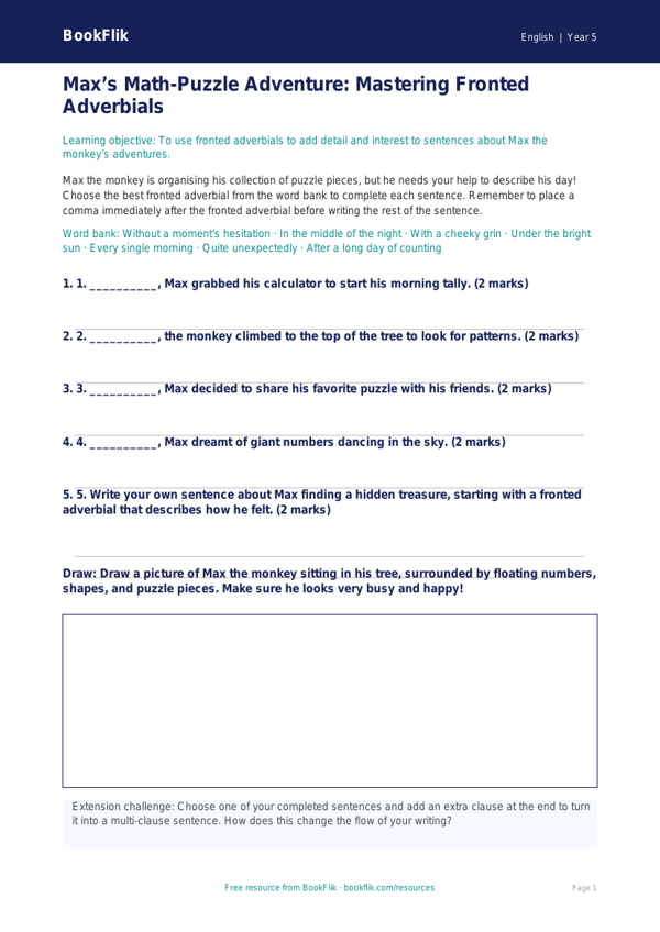 Free Fronted Adverbials Activity Sheet | Grade 4 | ELA | BookFlik worksheet preview — English Fronted Adverbials