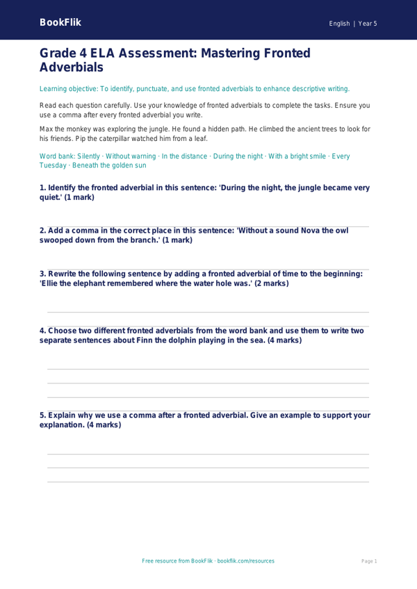 Free Fronted Adverbials Assessment | Grade 4 | ELA | BookFlik worksheet preview — English Fronted Adverbials