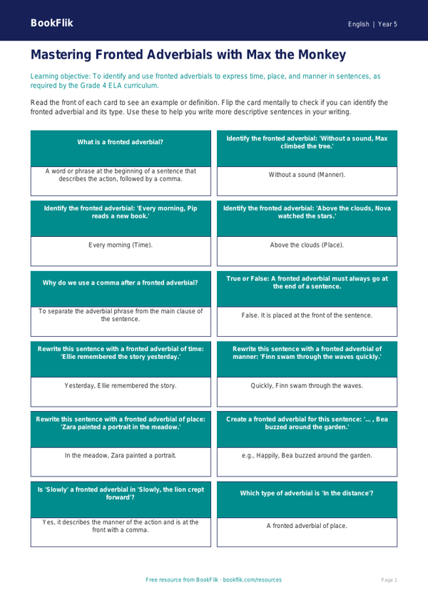 Free Fronted Adverbials Flashcards | Grade 4 | ELA | BookFlik worksheet preview — English Fronted Adverbials
