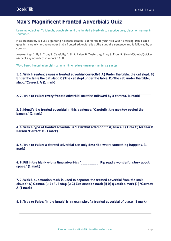Free Fronted Adverbials Quiz | Grade 4 | ELA | BookFlik worksheet preview — English Fronted Adverbials