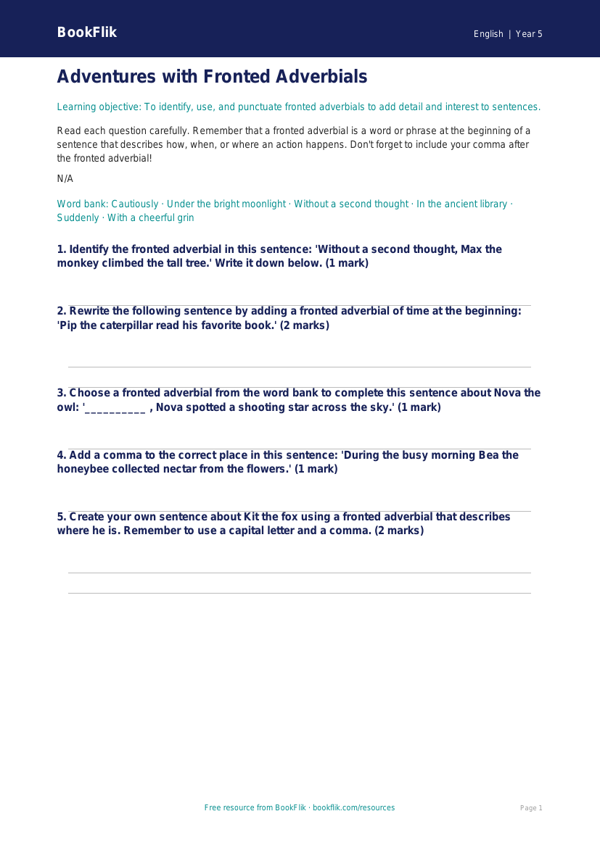 Free Fronted Adverbials Worksheet | Grade 4 | ELA | BookFlik worksheet preview — English Fronted Adverbials