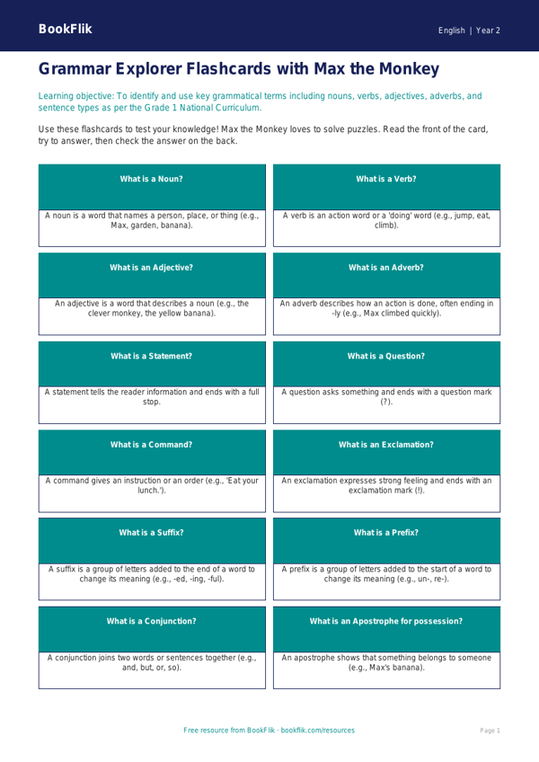 Free Grammar Flashcards | Grade 1 | ELA | BookFlik worksheet preview — English Grammar