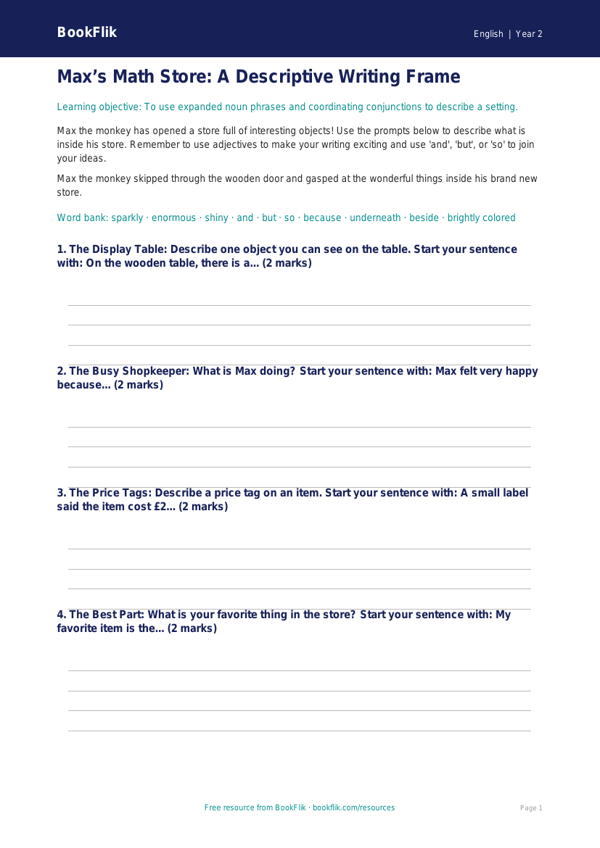 Free Grammar Writing Frame | Grade 1 | ELA | BookFlik worksheet preview — English Grammar