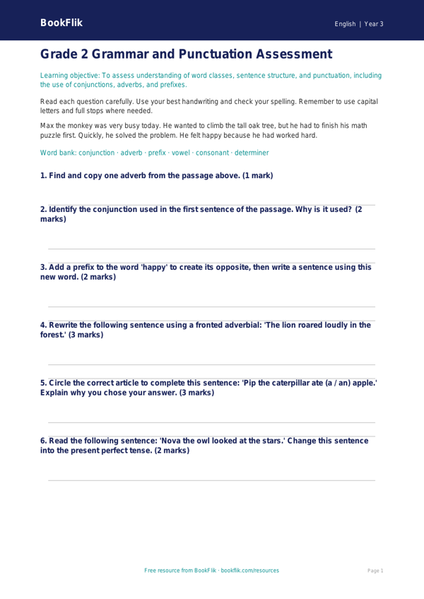 Free Grammar Assessment | Grade 2 | ELA | BookFlik worksheet preview — English Grammar