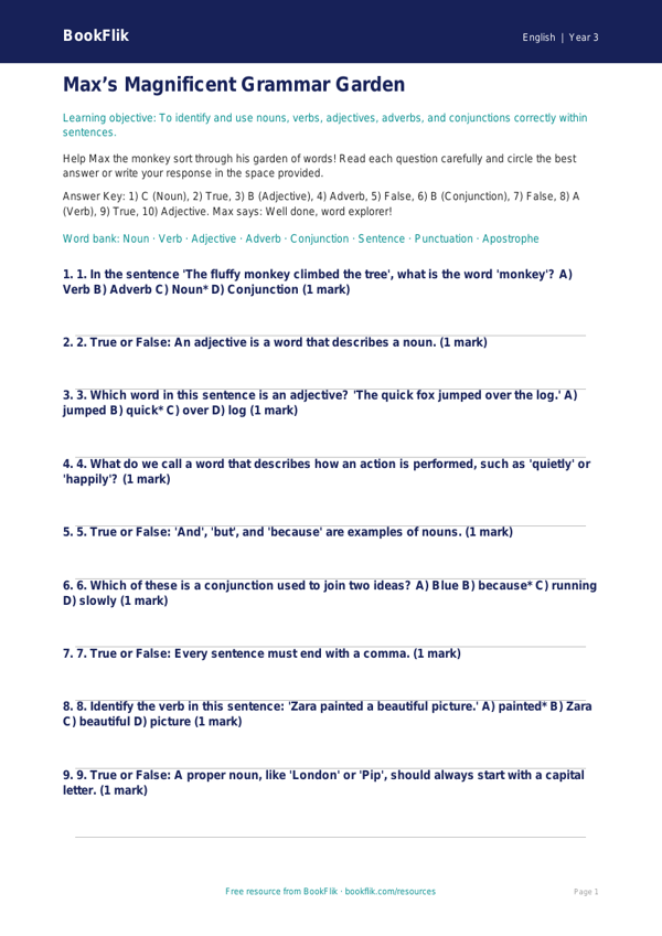 Free Grammar Quiz | Grade 2 | ELA | BookFlik worksheet preview — English Grammar