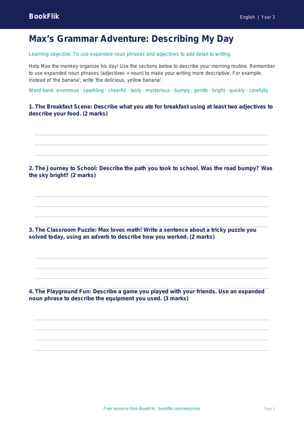 Free Grammar Template | Grade 2 | ELA | BookFlik worksheet preview — English Grammar