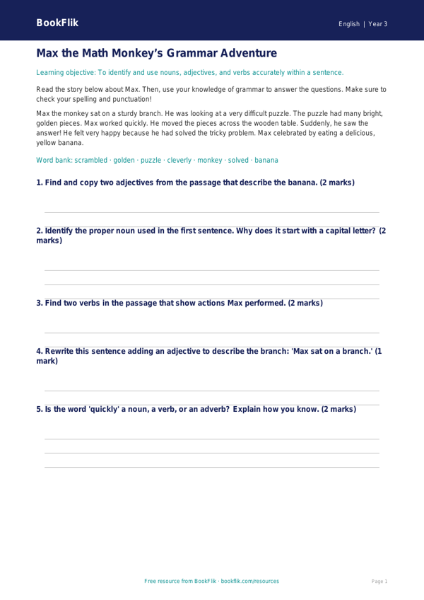 Free Grammar Track Sheet | Grade 2 | ELA | BookFlik worksheet preview — English Grammar