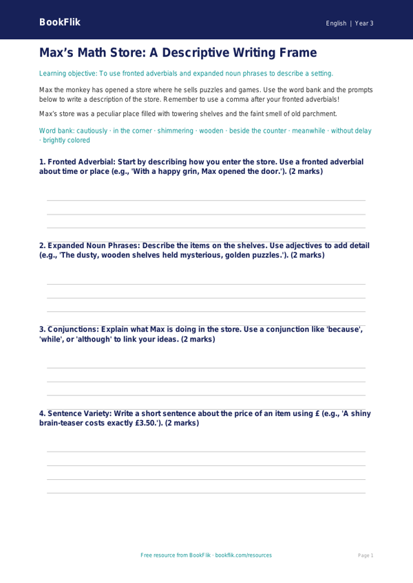 Free Grammar Writing Frame | Grade 2 | ELA | BookFlik worksheet preview — English Grammar