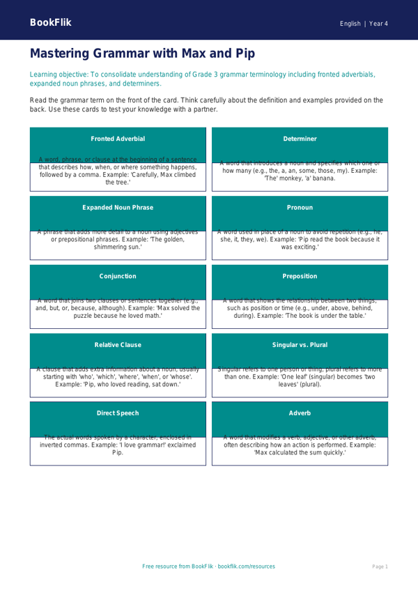 Free Grammar Flashcards | Grade 3 | ELA | BookFlik worksheet preview — English Grammar