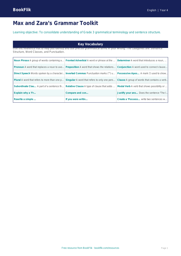Free Grammar Word Mat | Grade 3 | ELA | BookFlik worksheet preview — English Grammar