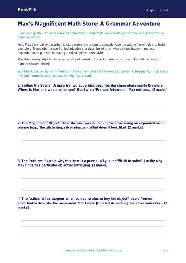 Free Grammar Writing Frame | Grade 3 | ELA | BookFlik worksheet preview — English Grammar