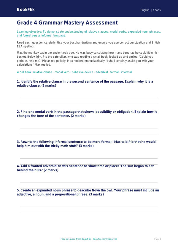 Free Grammar Assessment | Grade 4 | ELA | BookFlik worksheet preview — English Grammar
