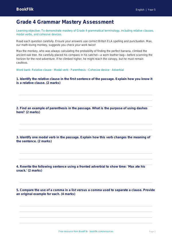 Free Grammar Assessment | Grade 4 | ELA | BookFlik worksheet preview — English Grammar