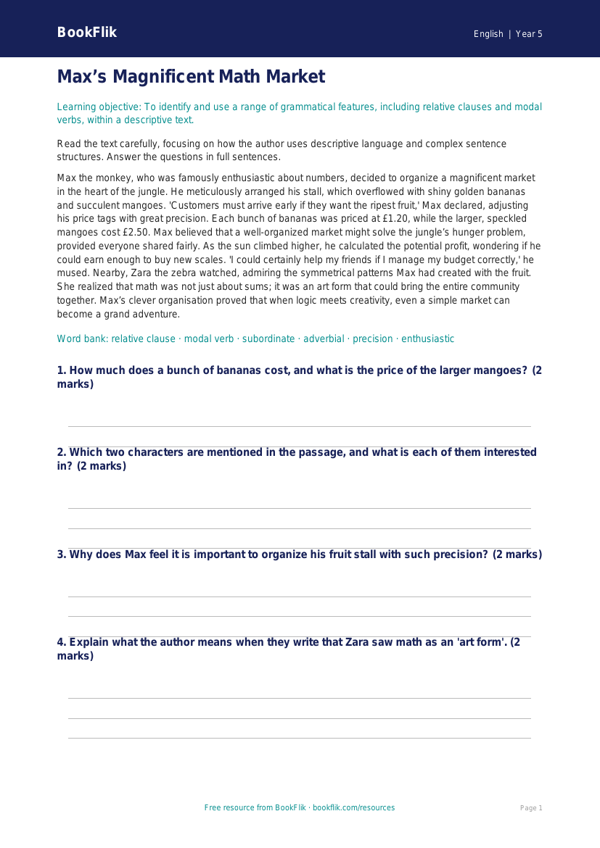 Free Grammar Comprehension | Grade 4 | ELA | BookFlik worksheet preview — English Grammar