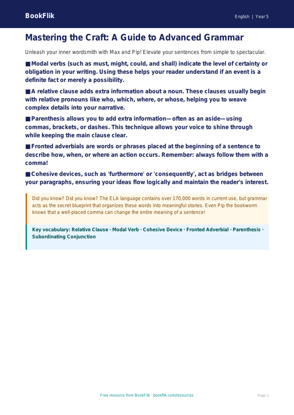 Free Grammar Poster | Grade 4 | ELA | BookFlik worksheet preview — English Grammar