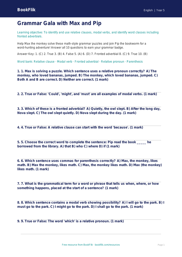 Free Grammar Quiz | Grade 4 | ELA | BookFlik worksheet preview — English Grammar