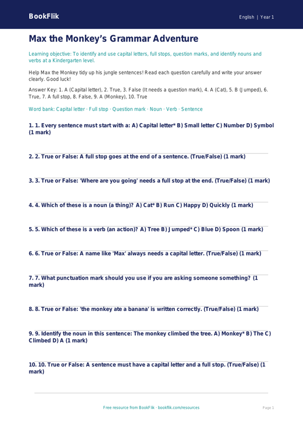 Free Grammar Quiz | Kindergarten | ELA | BookFlik worksheet preview — English Grammar
