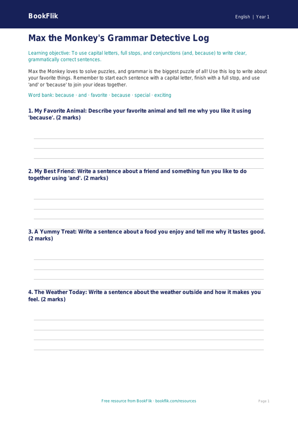 Free Grammar Template | Kindergarten | ELA | BookFlik worksheet preview — English Grammar