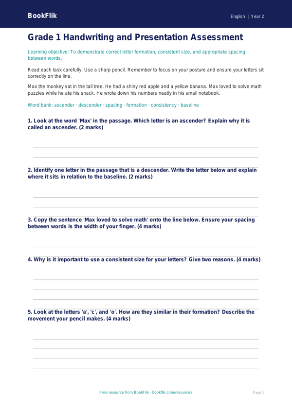 Free Handwriting Assessment | Grade 1 | ELA | BookFlik worksheet preview — English Handwriting