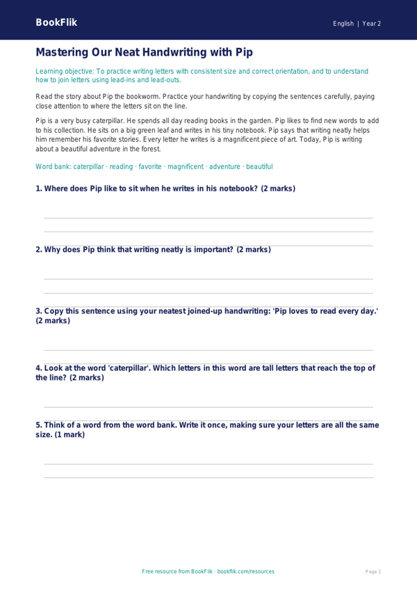 Free Handwriting Track Sheet | Grade 1 | ELA | BookFlik worksheet preview — English Handwriting