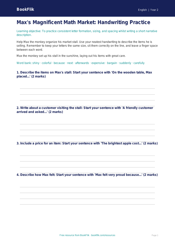 Free Handwriting Writing Frame | Grade 1 | ELA | BookFlik worksheet preview — English Handwriting