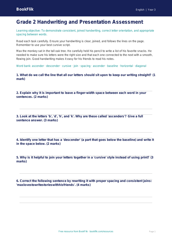 Free Handwriting Assessment | Grade 2 | ELA | BookFlik worksheet preview — English Handwriting