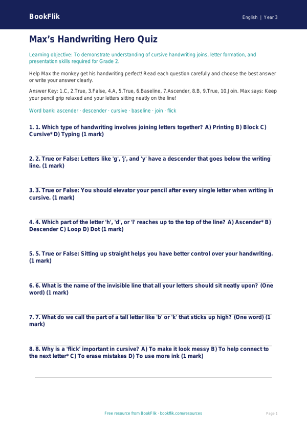 Free Handwriting Quiz | Grade 2 | ELA | BookFlik worksheet preview — English Handwriting