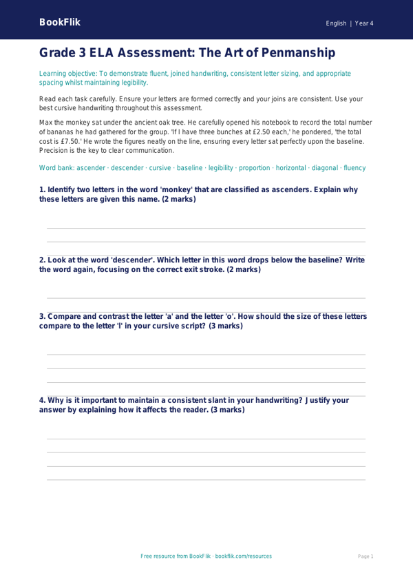 Free Handwriting Assessment | Grade 3 | ELA | BookFlik worksheet preview — English Handwriting