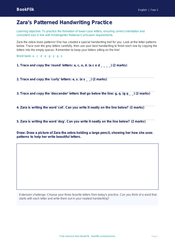 Free Handwriting Activity Sheet | Kindergarten | ELA | BookFlik worksheet preview — English Handwriting
