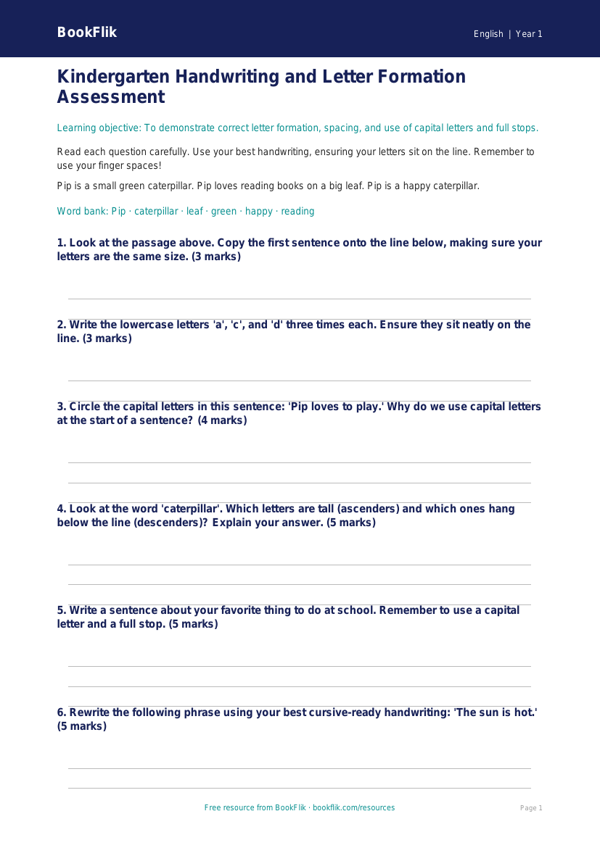 Free Handwriting Assessment | Kindergarten | ELA | BookFlik worksheet preview — English Handwriting