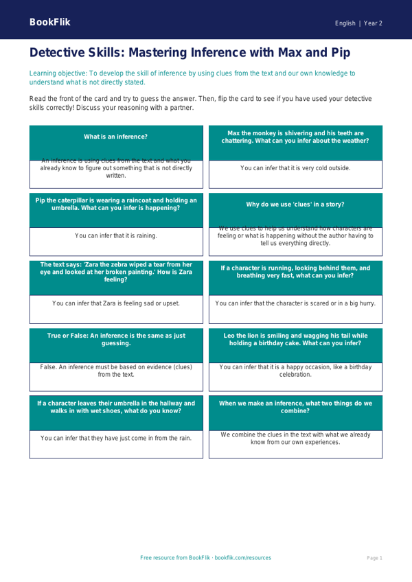 Free Inference Flashcards | Grade 1 | ELA | BookFlik worksheet preview — English Inference