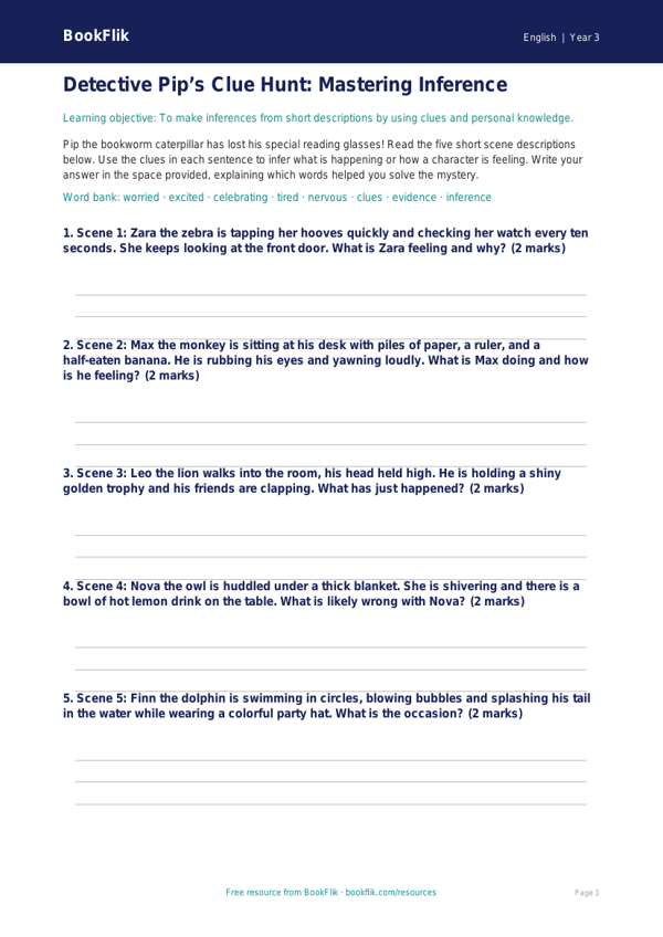 Free Inference Activity Sheet | Grade 2 | ELA | BookFlik worksheet preview — English Inference