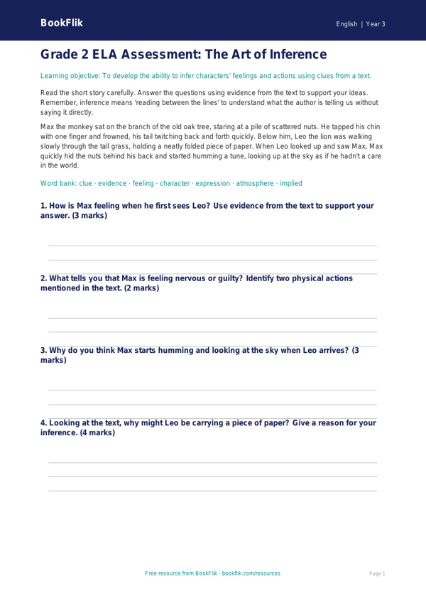 Free Inference Assessment | Grade 2 | ELA | BookFlik worksheet preview — English Inference